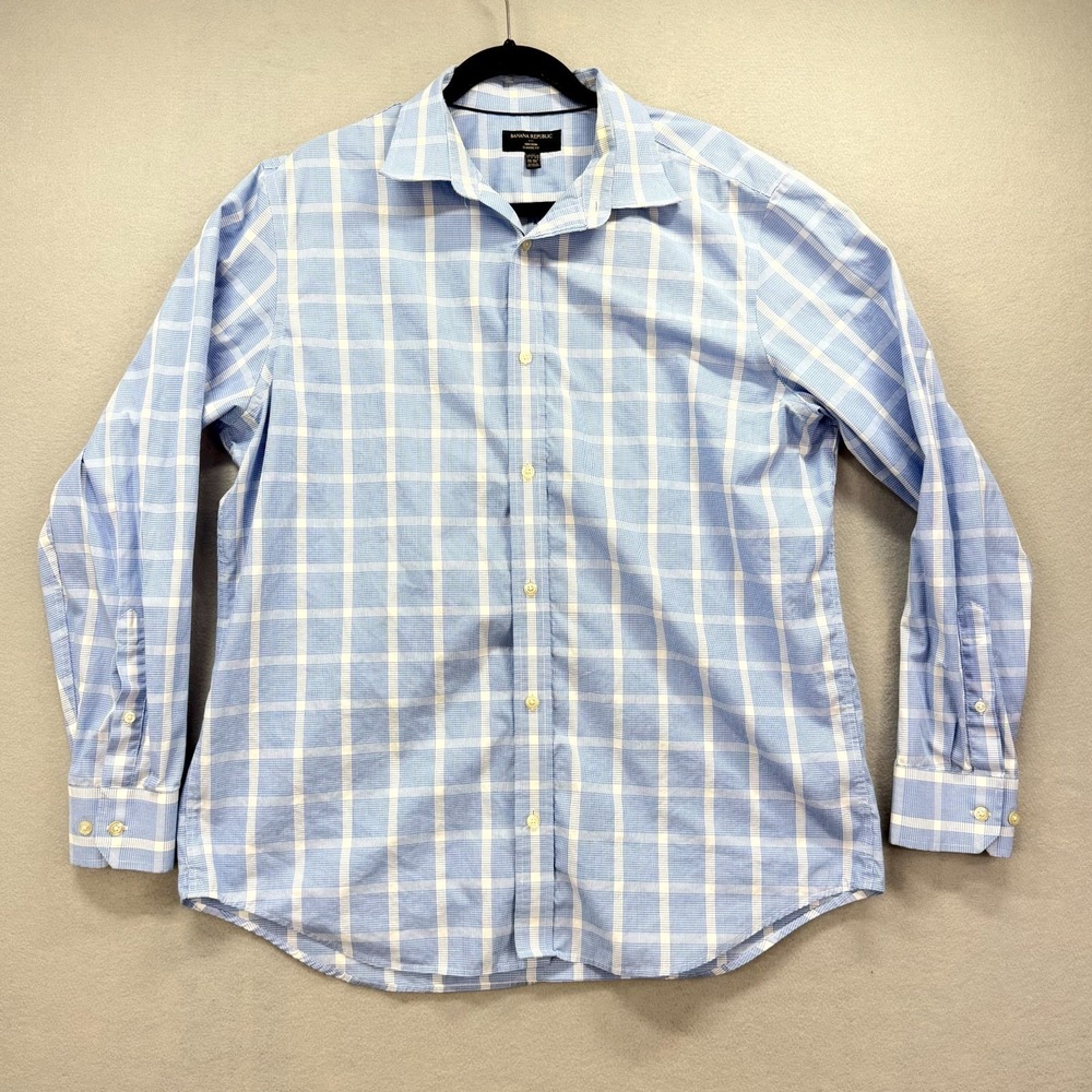 Banana Republic Dress Shirt‎ Mens 17/17.5 Blue White Plaid Non-Iron Classic Fit